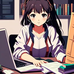 Anime-style profile picture of a focused young woman studying software engineering at her desk, surrounded by textbooks, notes, and a laptop displaying code.