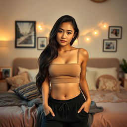 A sexy Asian girl in her room wearing a trendy, casual outfit, captured in a close-up shot