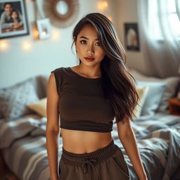 A sexy Asian girl in her room wearing a trendy, casual outfit, captured in a close-up shot