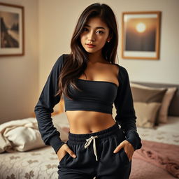 A sexy Asian girl in her room wearing a trendy, casual outfit, captured in a close-up shot