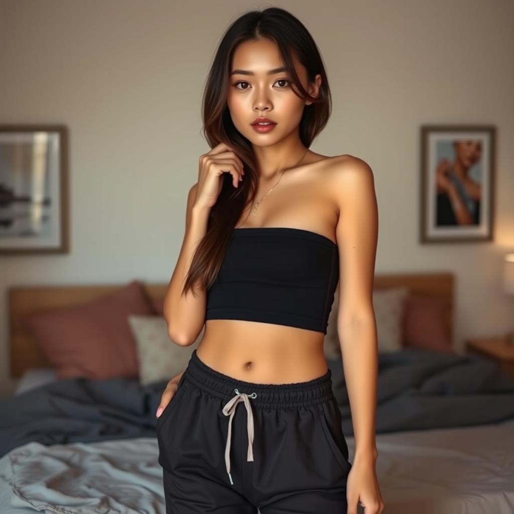 A sexy Asian girl in her room wearing a trendy, casual outfit, captured in a close-up shot