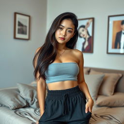 A sexy Asian girl in her room wearing a trendy, casual outfit, captured in a close-up shot