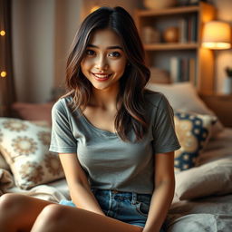 A sexy Asian girl sitting in her cozy room, wearing a casual yet stylish outfit, captured in a detailed close-up shot