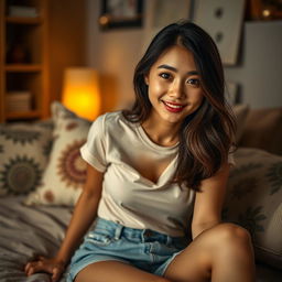 A sexy Asian girl sitting in her cozy room, wearing a casual yet stylish outfit, captured in a detailed close-up shot