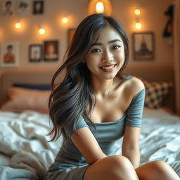 A sexy Asian girl sitting in her room, wearing a casual outfit that features a stylish skirt, captured in a detailed close-up shot