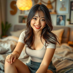 A sexy Asian girl sitting in her room, wearing a casual outfit that features a stylish skirt, captured in a detailed close-up shot