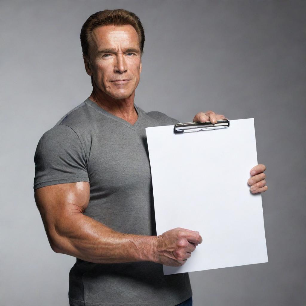 A lifelike rendering of Arnold Schwarzenegger holding a blank chart suitable for writing text in.