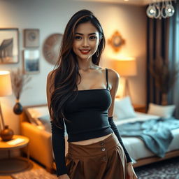 A sexy Asian woman in her room, wearing a stylish casual outfit that includes a chic skirt, captured in a detailed close-up shot