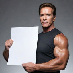 A lifelike rendering of Arnold Schwarzenegger holding a blank chart suitable for writing text in.