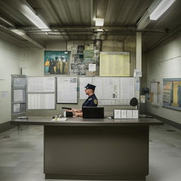 The information office of a penitentiary, featuring a secure counter, informative posters, and manned by officers in uniform, set against the austere backdrop of the prison interior.