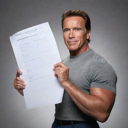 A lifelike rendering of Arnold Schwarzenegger holding a blank chart suitable for writing text in.