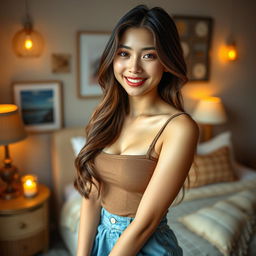 A sexy Asian woman in her room, wearing a stylish casual outfit that includes a fashionable skirt, captured in a detailed close-up shot