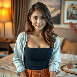 A sexy Asian woman in her room, wearing a stylish casual outfit that includes a fashionable skirt, captured in a detailed close-up shot