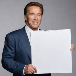 A lifelike rendering of Arnold Schwarzenegger holding a blank chart suitable for writing text in.