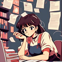 Retro 90s anime-style profile picture of a focused young woman studying software engineering at her desk, surrounded by textbooks, notes, and a laptop displaying code.