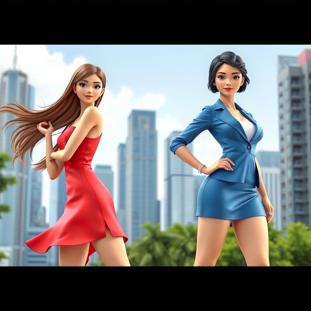 Two highly detailed 3D models of young women, featuring one with long, flowing brown hair wearing a stylish red dress, the other with short, wavy black hair dressed in a chic blue outfit