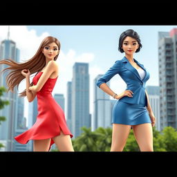 Two highly detailed 3D models of young women, featuring one with long, flowing brown hair wearing a stylish red dress, the other with short, wavy black hair dressed in a chic blue outfit