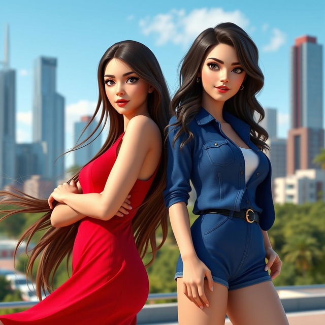 Two highly detailed 3D models of young women, featuring one with long, flowing brown hair wearing a stylish red dress, the other with short, wavy black hair dressed in a chic blue outfit