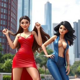 Two highly detailed 3D models of young women, featuring one with long, flowing brown hair wearing a stylish red dress, the other with short, wavy black hair dressed in a chic blue outfit