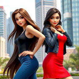 Two highly detailed 3D models of young women, featuring one with long, flowing brown hair wearing a stylish red dress, the other with short, wavy black hair dressed in a chic blue outfit