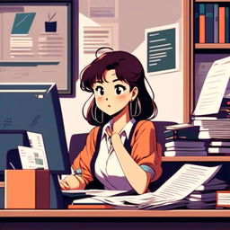 Retro 90s anime-style profile picture of a focused young woman studying software engineering at her desk, surrounded by textbooks, notes, and a laptop displaying code.