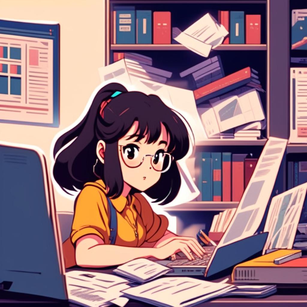 Retro 90s anime-style profile picture of a focused young woman studying software engineering at her desk, surrounded by textbooks, notes, and a laptop displaying code.