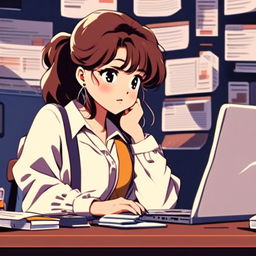 Retro 90s anime-style profile picture of a focused young woman studying software engineering at her desk, surrounded by textbooks, notes, and a laptop displaying code.