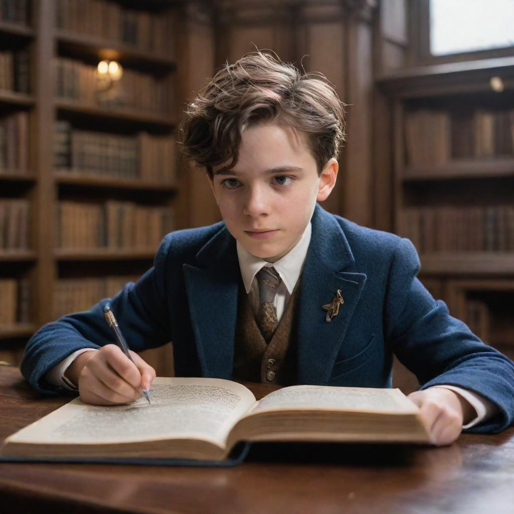 Ultra HD, movie-quality image of a 12 year old brunette boy in Hogwart's castle library. He's looking at his astrology homework with a confused yet playful expression, giggling wrackspurts swirling around his head, in the cinematic style of Fantastic Beasts.