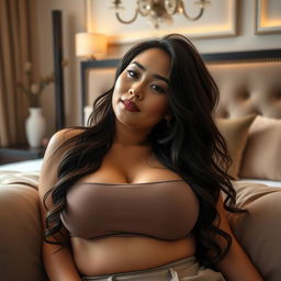 A sexy Asian woman with voluptuous curves, prominently featuring her big breasts, lounging in her stylish bedroom