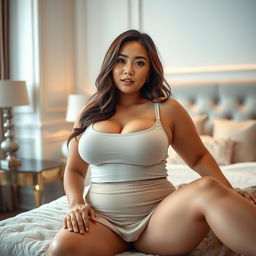 A sexy Asian woman with voluptuous curves, prominently featuring her big breasts, lounging in her stylish bedroom