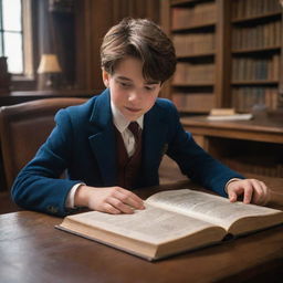 Ultra HD, movie-quality image of a 12 year old brunette boy in Hogwart's castle library. He's looking at his astrology homework with a confused yet playful expression, giggling wrackspurts swirling around his head, in the cinematic style of Fantastic Beasts.