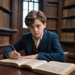 Ultra HD, movie-quality image of a 12 year old brunette boy in Hogwart's castle library. He's looking at his astrology homework with a confused yet playful expression, giggling wrackspurts swirling around his head, in the cinematic style of Fantastic Beasts.