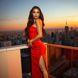 A sultry woman with luscious long hair, wearing a form-fitting, elegant red dress with a high slit, high heels, standing confidently on a balcony overlooking a city skyline at sunset