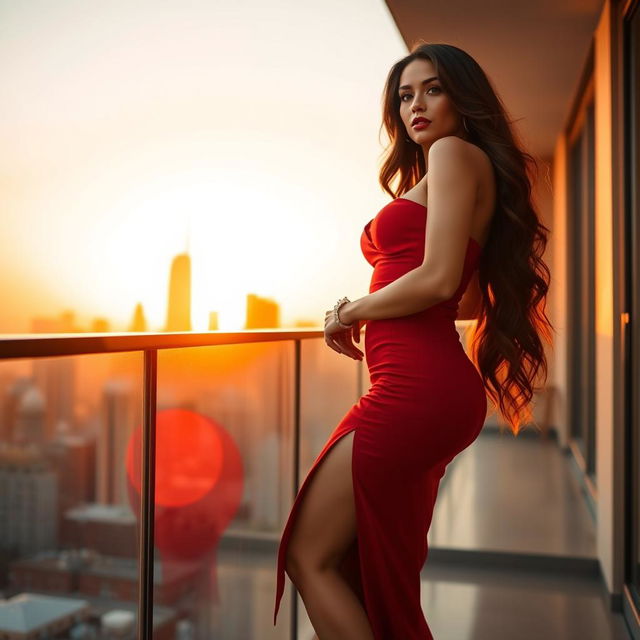 A sultry woman with luscious long hair, wearing a form-fitting, elegant red dress with a high slit, high heels, standing confidently on a balcony overlooking a city skyline at sunset