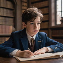 Ultra HD, movie-quality image of a 12 year old brunette boy in Hogwart's castle library. He's looking at his astrology homework with a confused yet playful expression, giggling wrackspurts swirling around his head, in the cinematic style of Fantastic Beasts.