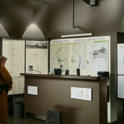 The information office of a penitentiary, featuring a secure counter, informative posters, and manned by officers in uniform, set against the austere backdrop of the prison interior.