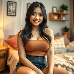 A sexy petite Asian woman with a curvy figure, featuring big breasts, sitting in her room wearing a casual outfit that includes a stylish skirt, captured in a detailed close-up shot