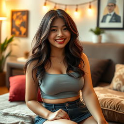 A sexy petite Asian woman with a curvy figure, featuring big breasts, sitting in her room wearing a casual outfit that includes a stylish skirt, captured in a detailed close-up shot