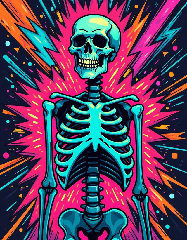 A vibrant pop art style poster featuring a stylized skeleton, designed with an emphasis on neon colors