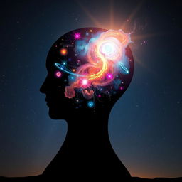 An inspiring visual representation of the power of the human mind, featuring a silhouette of a human head from which an intricate galaxy emerges