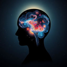 An inspiring visual representation of the power of the human mind, featuring a silhouette of a human head from which an intricate galaxy emerges