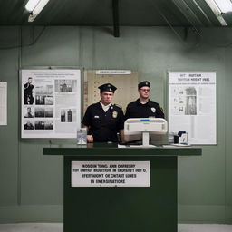 The information office of a penitentiary, featuring a secure counter, informative posters, and manned by officers in uniform, set against the austere backdrop of the prison interior.