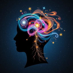 An imaginative visualization of the power of the human mind, featuring a detailed silhouette of a human head from which a vibrant and intricate galaxy bursts forth