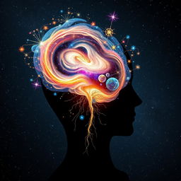 An imaginative visualization of the power of the human mind, featuring a detailed silhouette of a human head from which a vibrant and intricate galaxy bursts forth