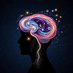 An imaginative visualization of the power of the human mind, featuring a detailed silhouette of a human head from which a vibrant and intricate galaxy bursts forth