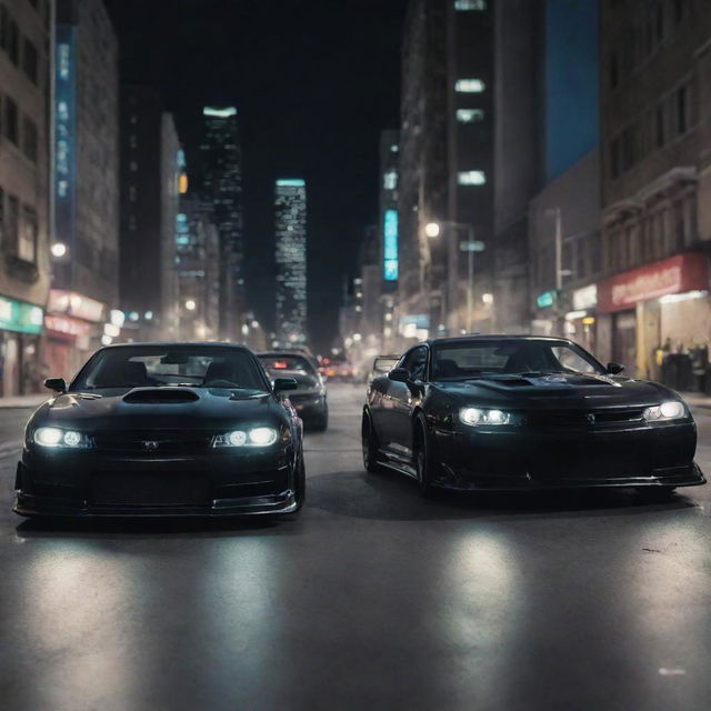 An intense, high-speed action scene featuring customized street racing cars in an urban cityscape at night, inspired by the movie 'The Fast and the Furious'.