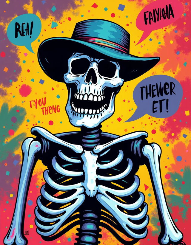 A vibrant and quirky pop art illustration featuring a skeleton, adorned in colorful patterns and exaggerated features