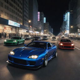 An intense, high-speed action scene featuring customized street racing cars in an urban cityscape at night, inspired by the movie 'The Fast and the Furious'.