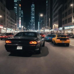 An intense, high-speed action scene featuring customized street racing cars in an urban cityscape at night, inspired by the movie 'The Fast and the Furious'.