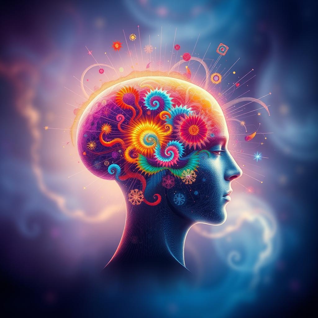 A thought-provoking visualization of the power of the human mind, showcasing a side profile of a human head filled with a stunning array of colorful fractals and patterns that radiate outward